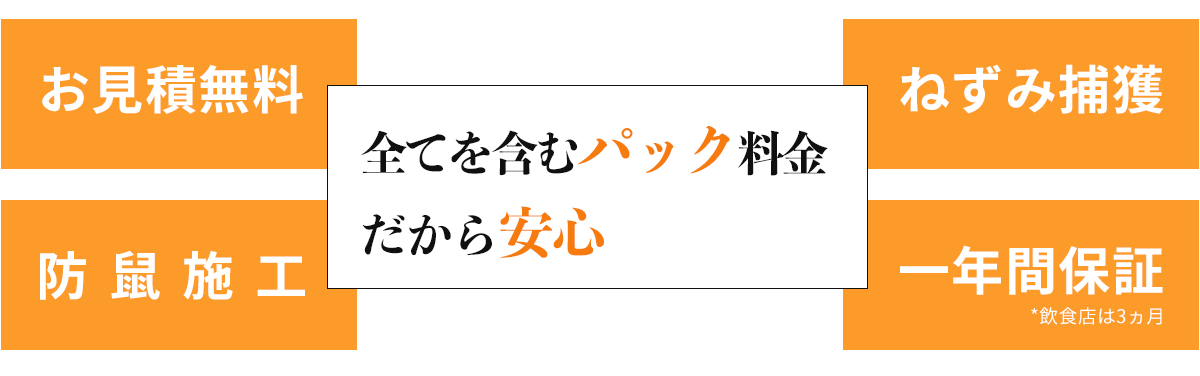 ねずみ駆除パック料金（無料見積もり・防鼠施工・ねずみ捕獲・１年保証